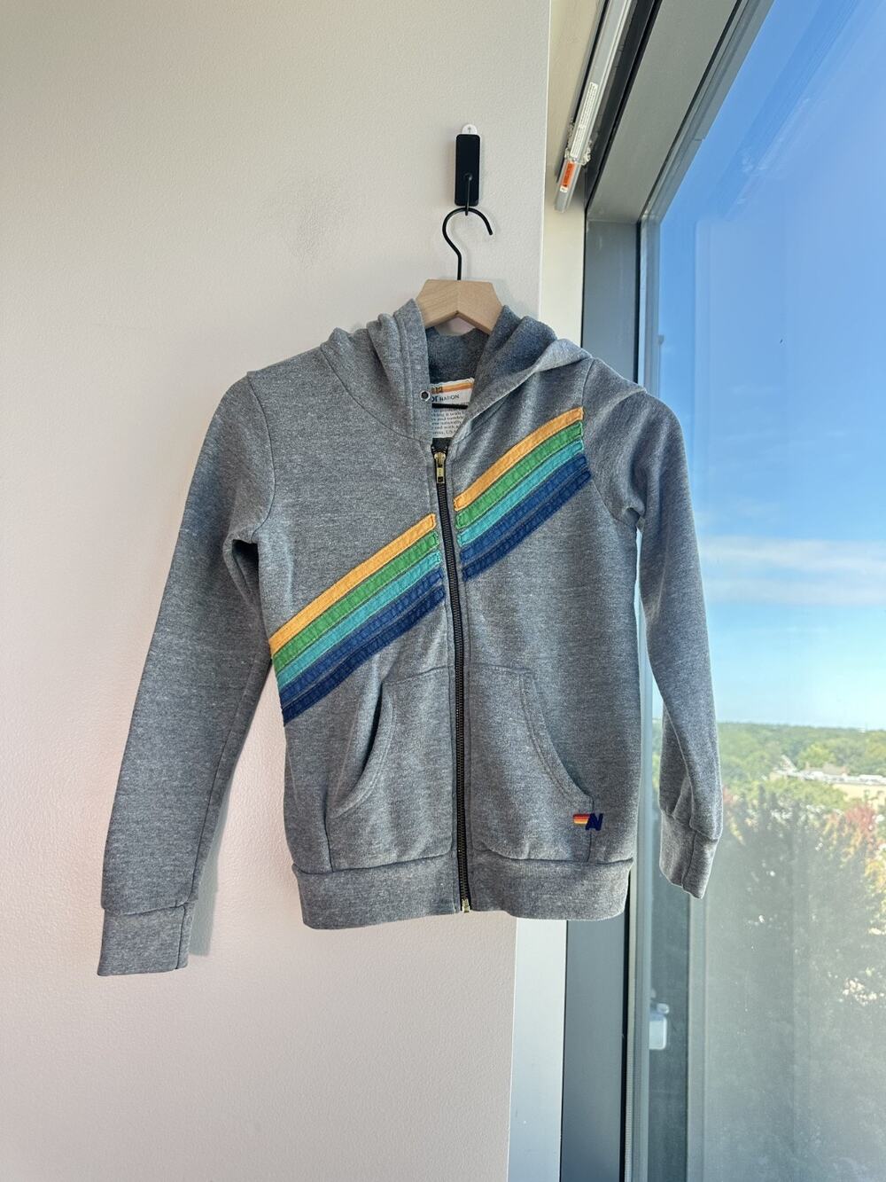 Aviator Nation Gray Rainbow Stripe Hoodie Kid's Zip Up Jacket Sz 12